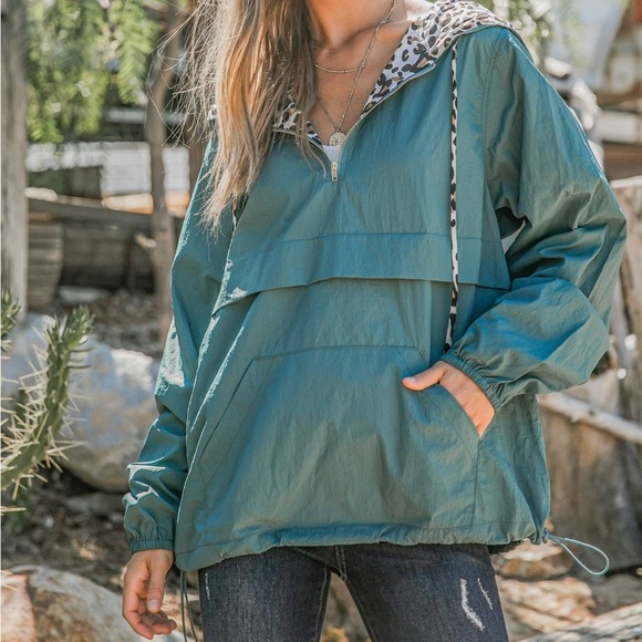 Jackets & Blazers - Teal Leopard Windbreak Hoodie S M L